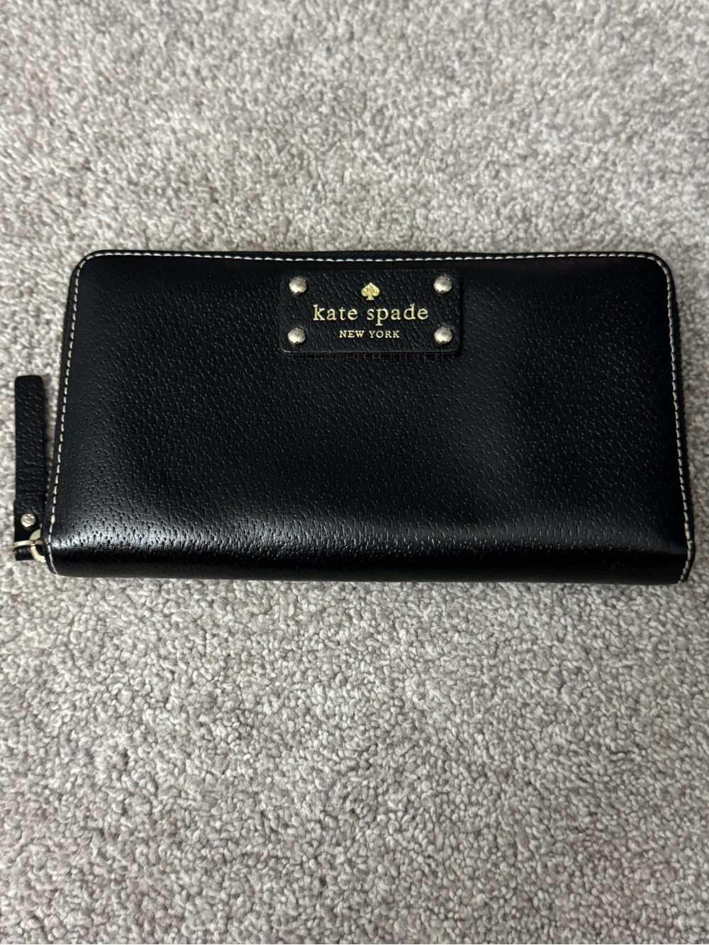 kate spade Black Leather Zip Wallet with Gold Logo